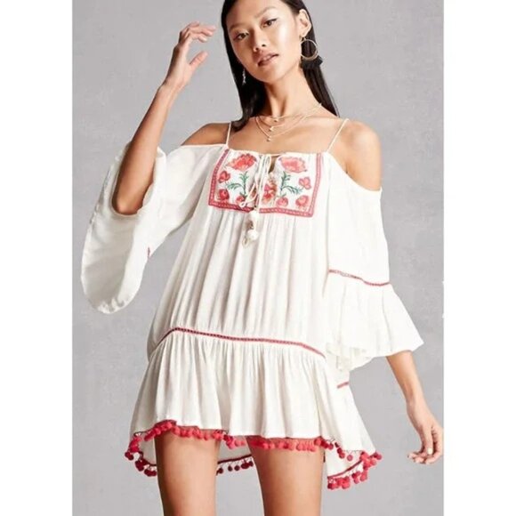 3/$30 Z&L EMBROIDERED MINI DRESS COLD SHOULDER POM POM DROP WAIST FLORAL SMALL - Picture 3 of 14